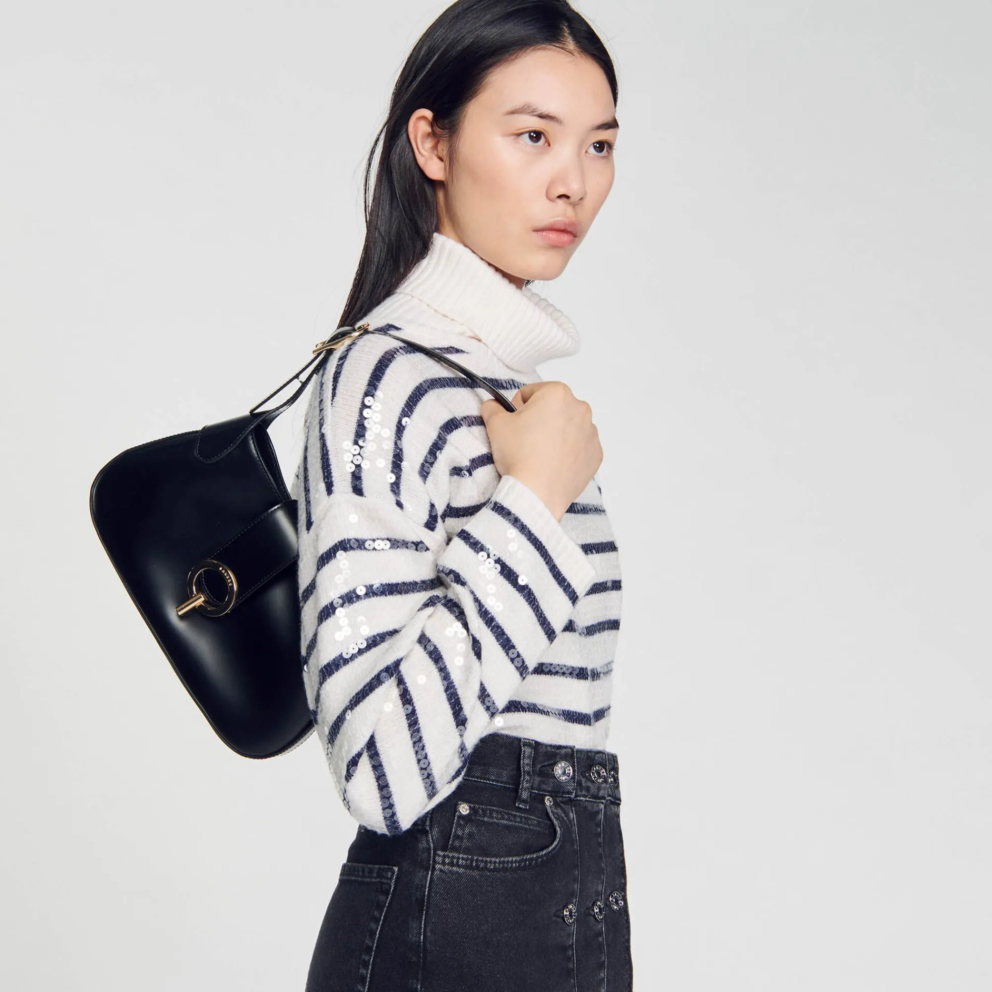 Mulheres Sandro Paris Bolsa Baguete De Couro Certificada