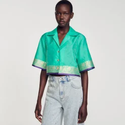 Mulheres Sandro Paris Camisa Curta Jacquard Com Strass