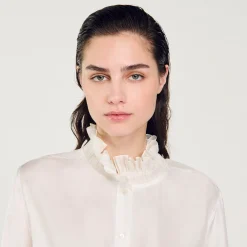 Mulheres Sandro Paris Camisa De Seda Com Gola Franzida