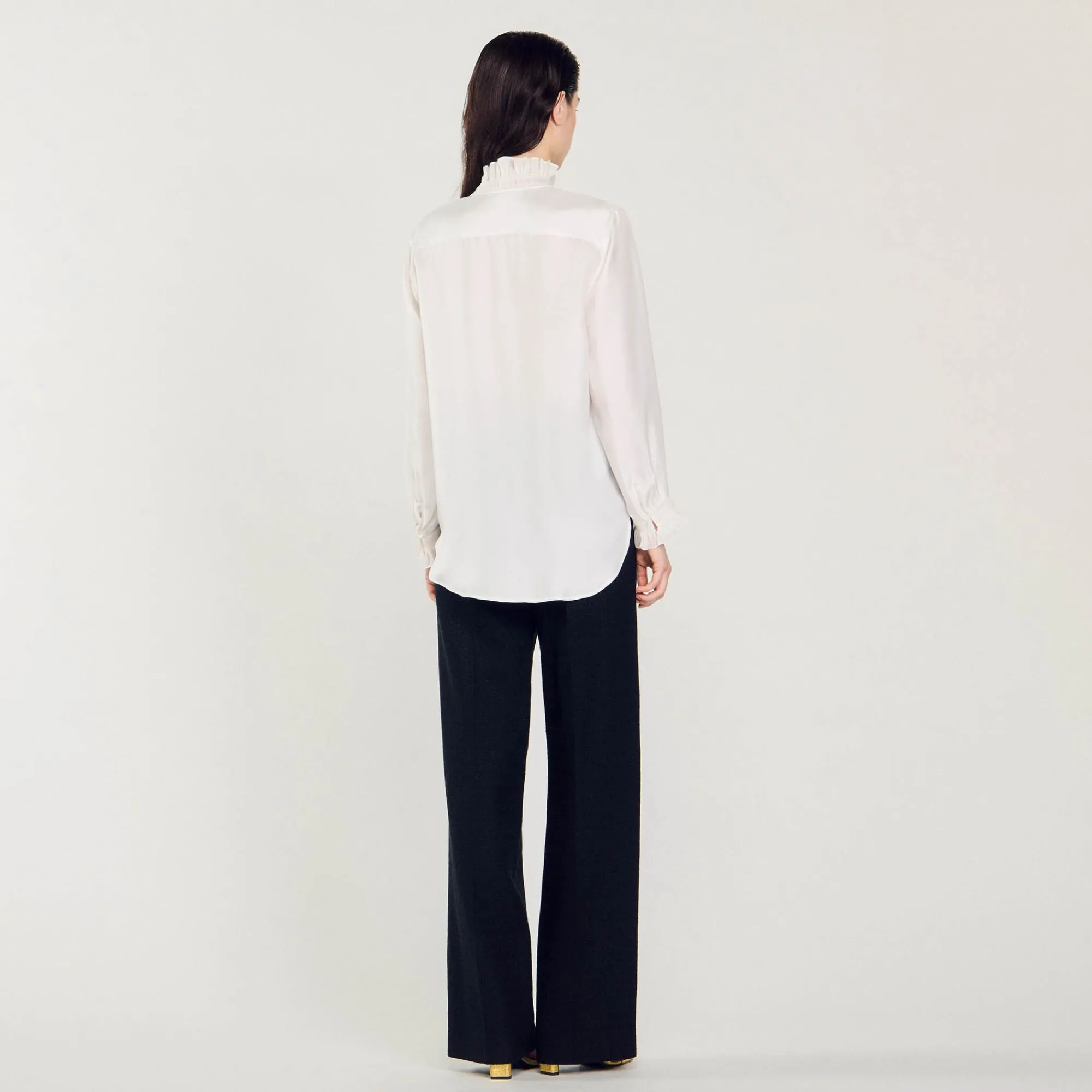 Mulheres Sandro Paris Camisa De Seda Com Gola Franzida