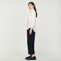Mulheres Sandro Paris Camisa De Seda Com Gola Franzida
