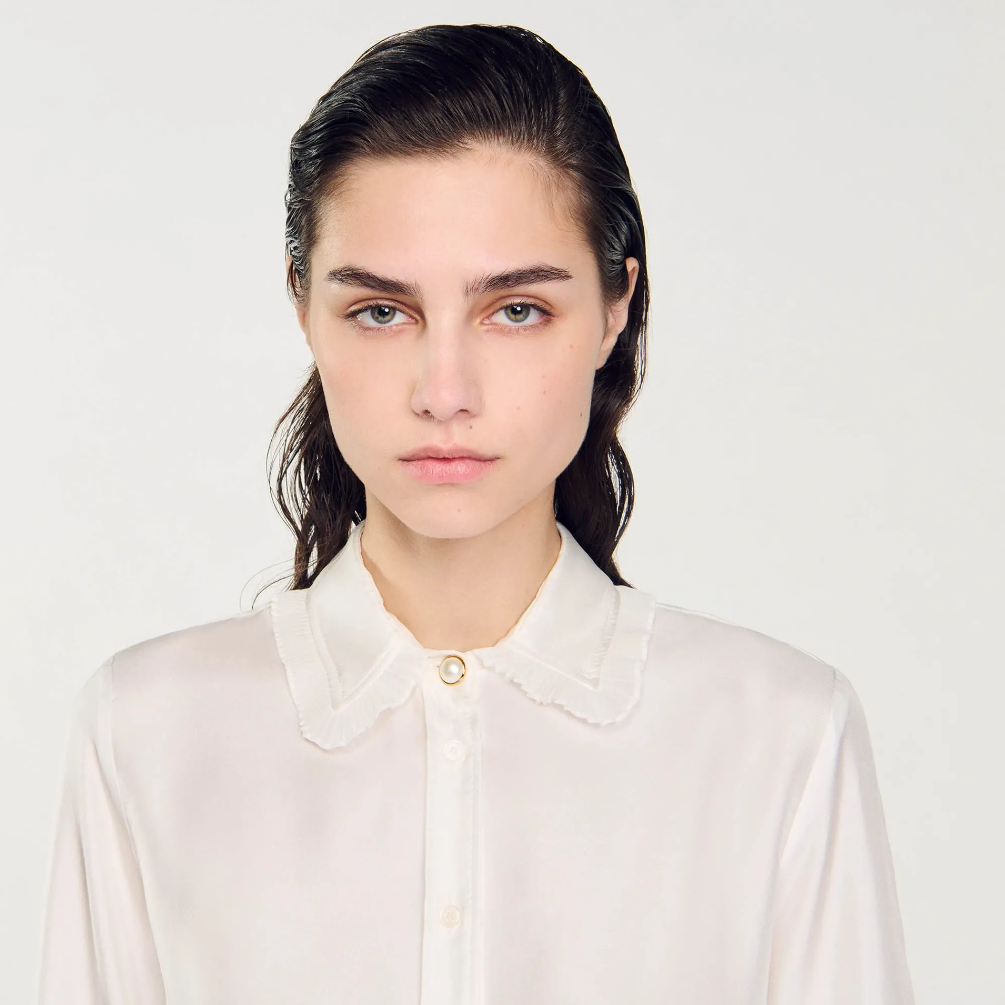 Mulheres Sandro Paris Camisa De Seda, Gola Bordada E Plissada