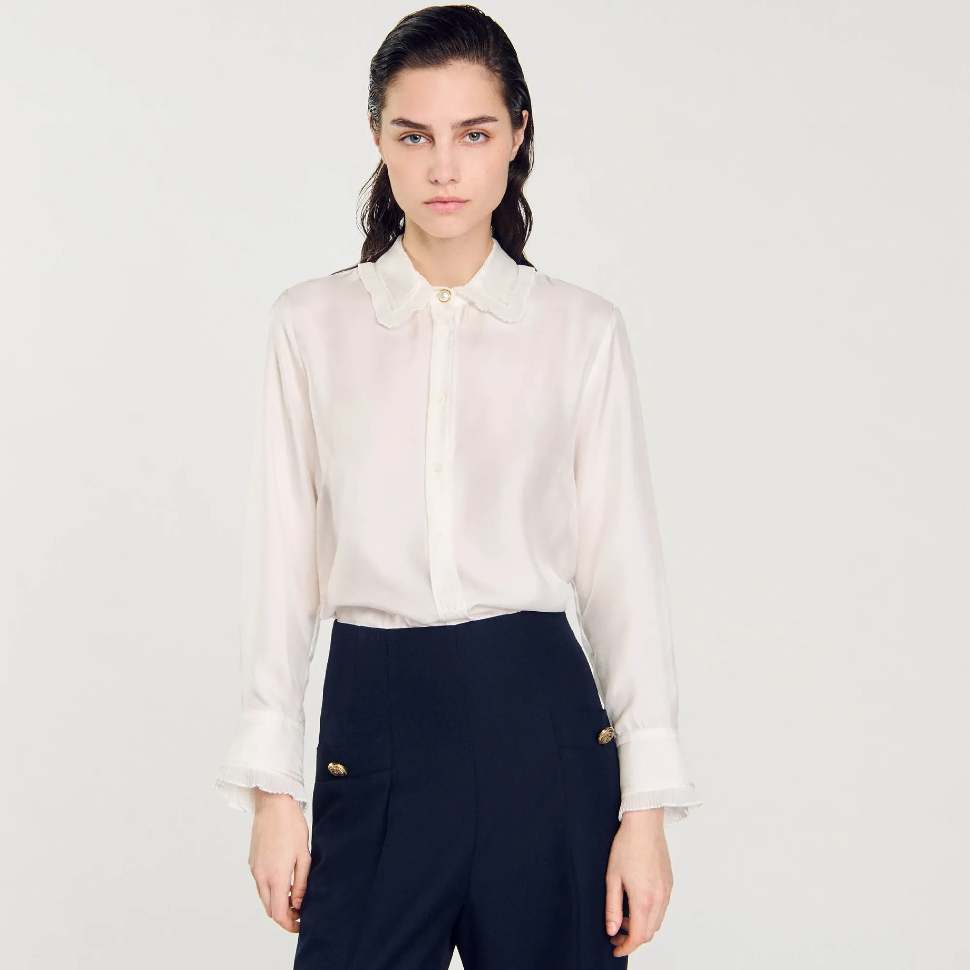 Mulheres Sandro Paris Camisa De Seda, Gola Bordada E Plissada