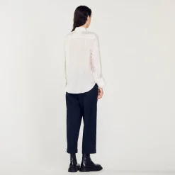 Mulheres Sandro Paris Camisa De Seda, Gola Bordada E Plissada