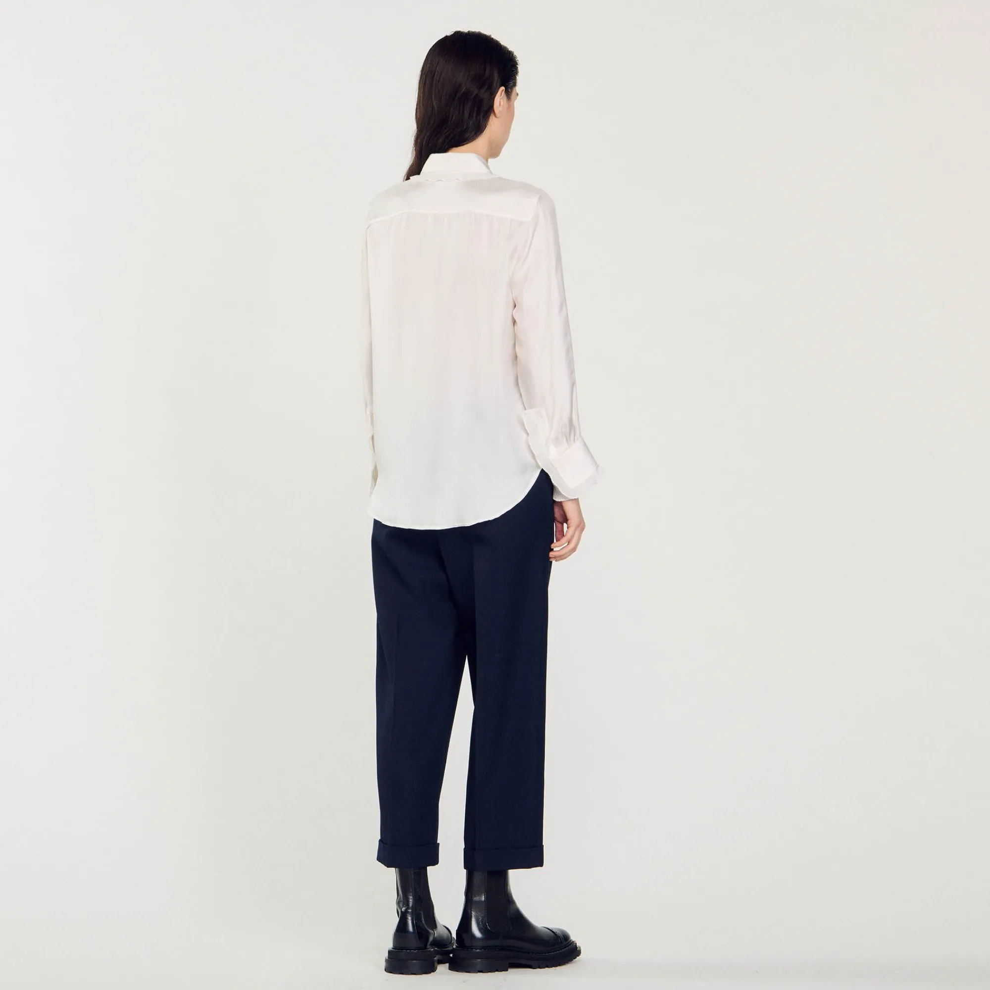 Mulheres Sandro Paris Camisa De Seda, Gola Bordada E Plissada