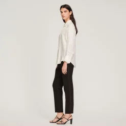 Mulheres Sandro Paris Camisa De Seda, Gola Bordada E Plissada