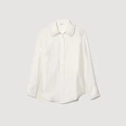 Mulheres Sandro Paris Camisa De Seda, Gola Bordada E Plissada
