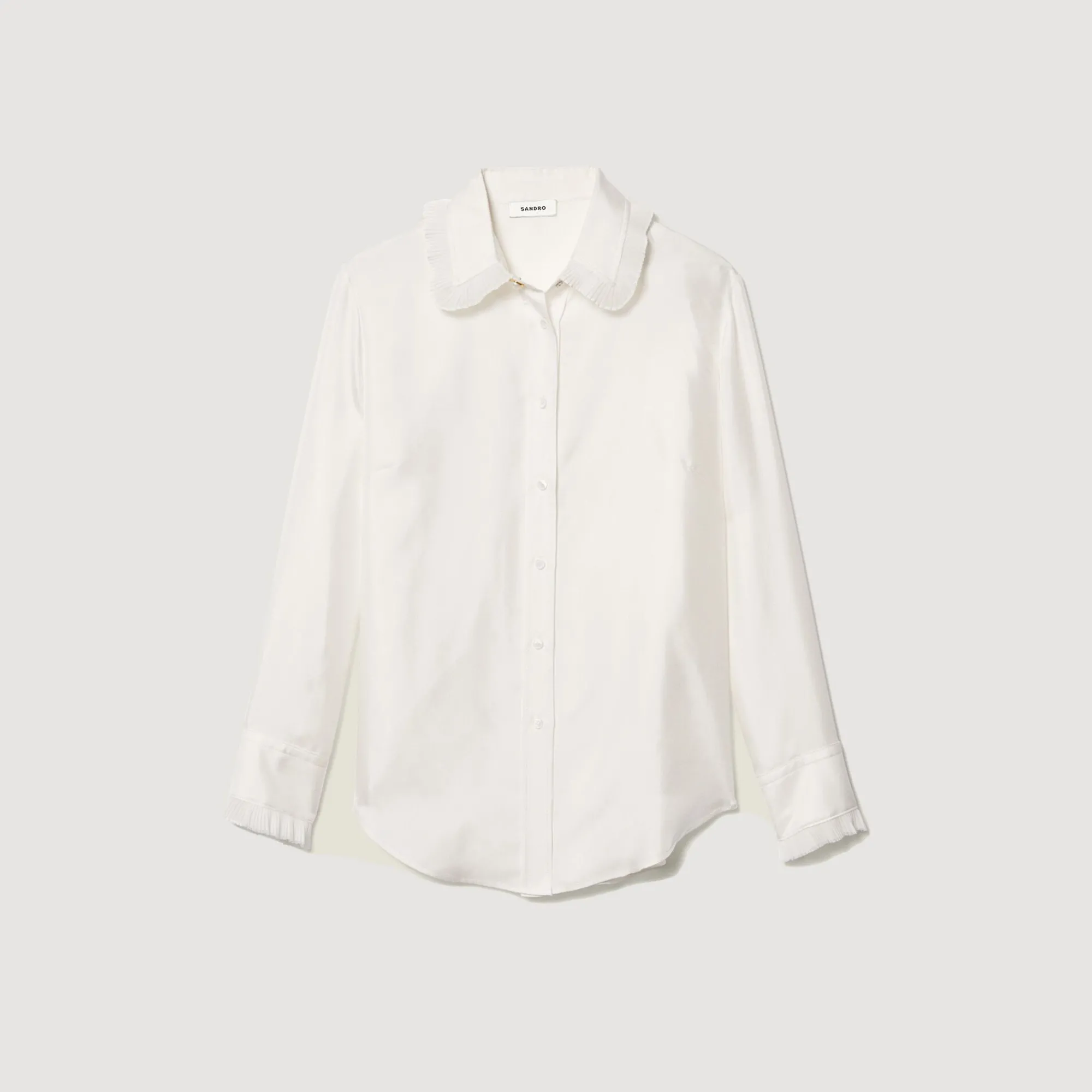 Mulheres Sandro Paris Camisa De Seda, Gola Bordada E Plissada