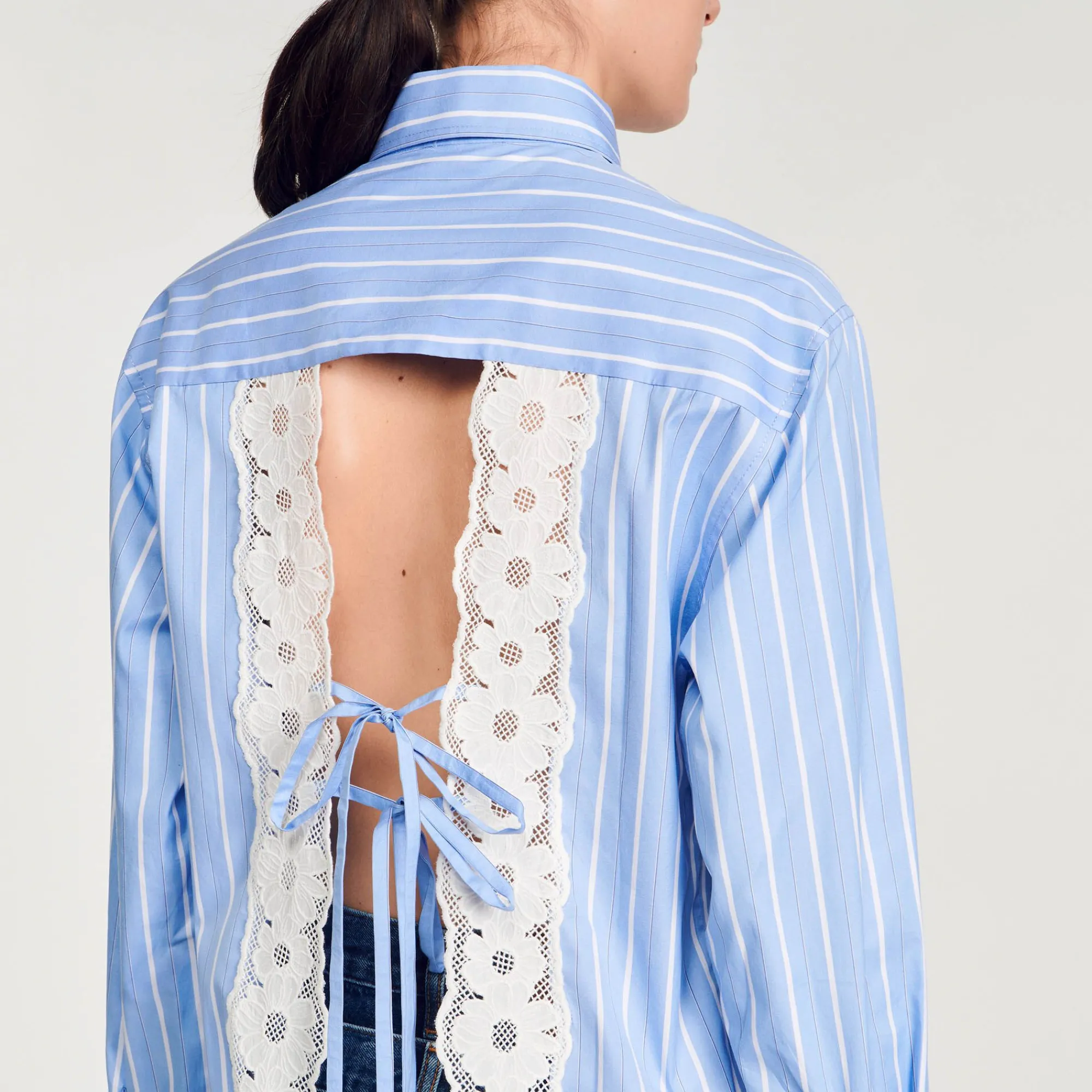 Mulheres Sandro Paris Camisa Listrada Com Renda Nas Costas