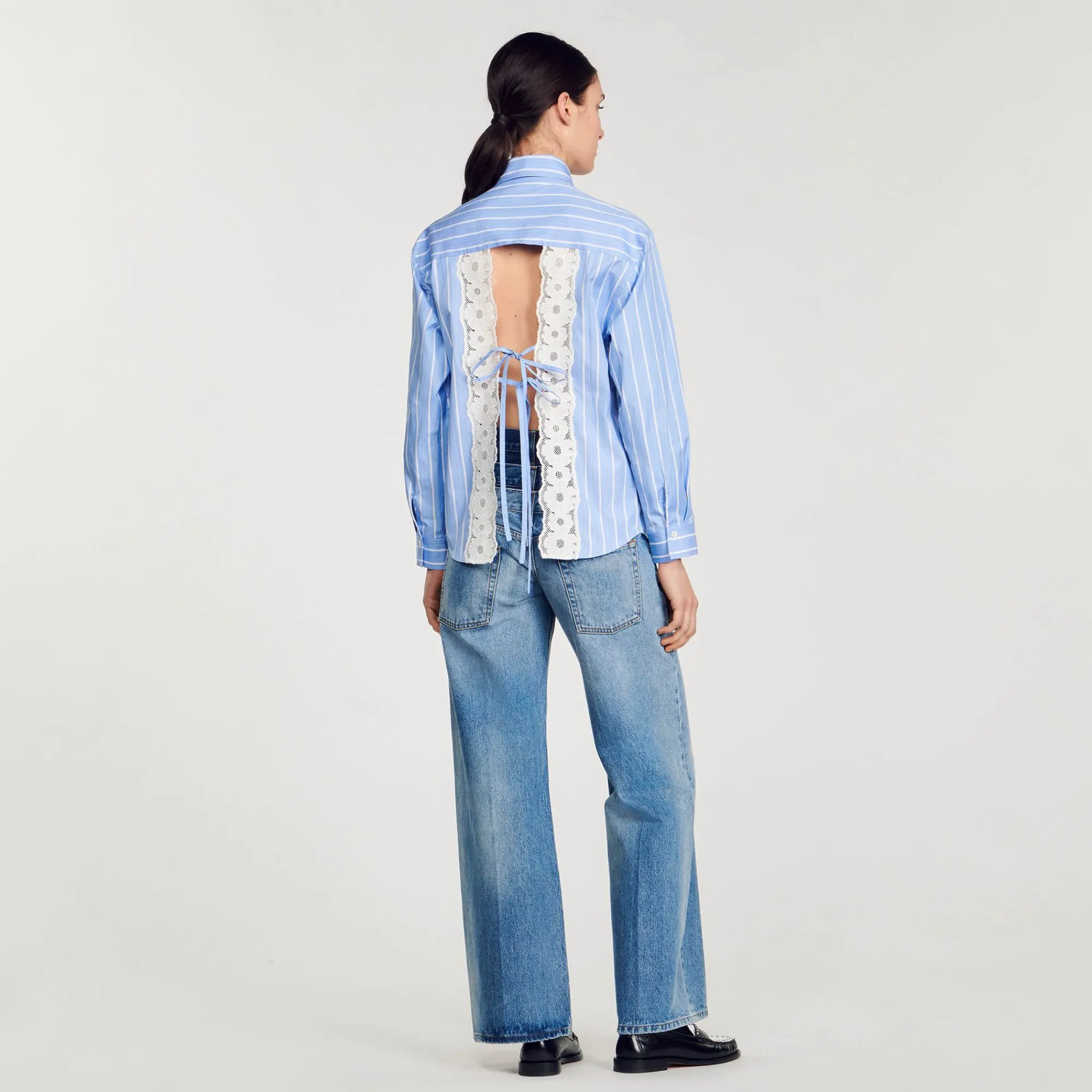 Mulheres Sandro Paris Camisa Listrada Com Renda Nas Costas