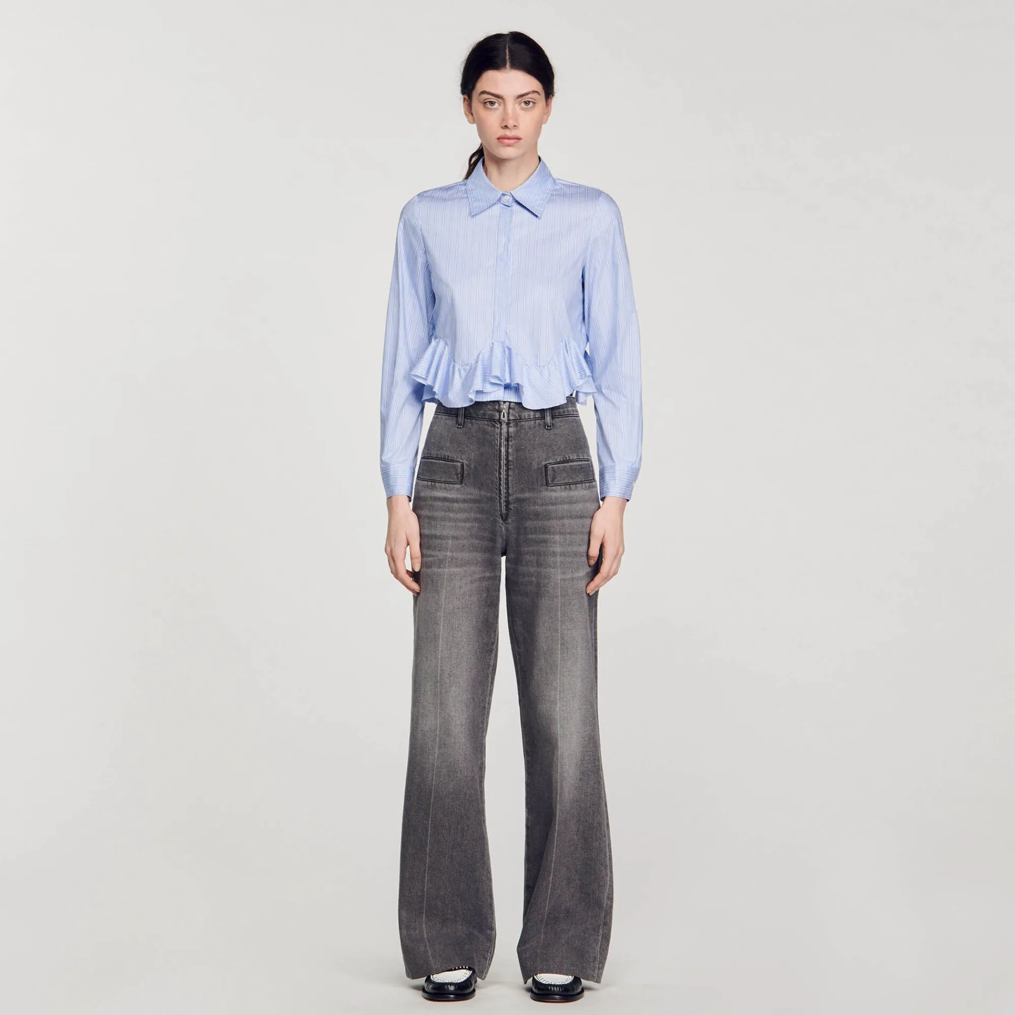 Mulheres Sandro Paris Camisa Listrada De Popeline