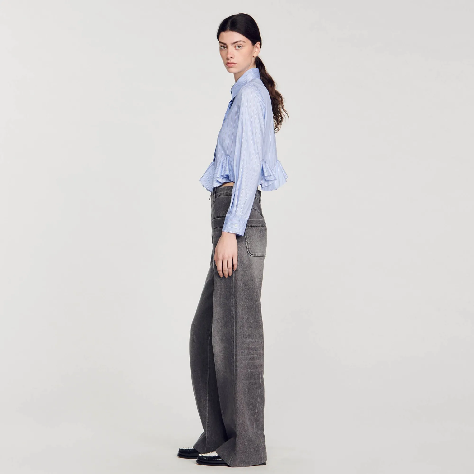 Mulheres Sandro Paris Camisa Listrada De Popeline