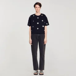 Mulheres Sandro Paris Camiseta Com Flores De Lantejoulas