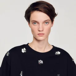 Mulheres Sandro Paris Camiseta Com Flores De Lantejoulas