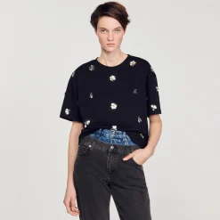 Mulheres Sandro Paris Camiseta Com Flores De Lantejoulas
