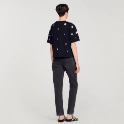 Mulheres Sandro Paris Camiseta Com Flores De Lantejoulas