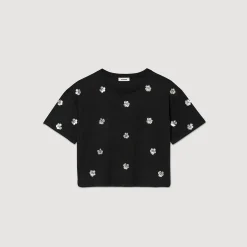 Mulheres Sandro Paris Camiseta Com Flores De Lantejoulas