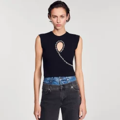 Mulheres Sandro Paris Camiseta Curta Com Abertura Em Strass