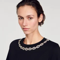 Mulheres Sandro Paris Camiseta De Algodao Organico, Gola Joia