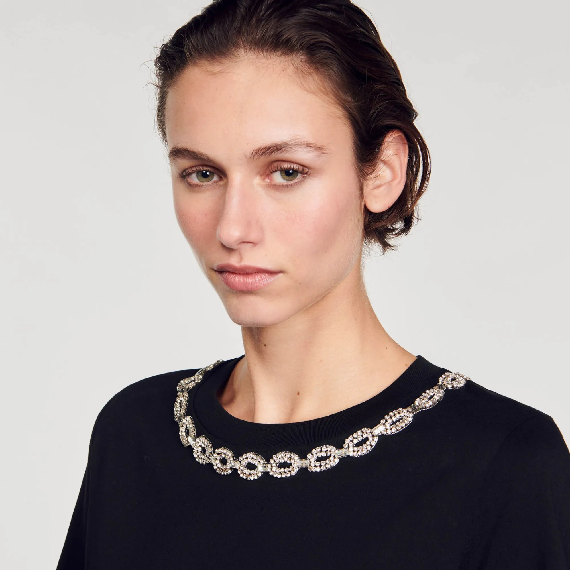 Mulheres Sandro Paris Camiseta De Algodao Organico, Gola Joia