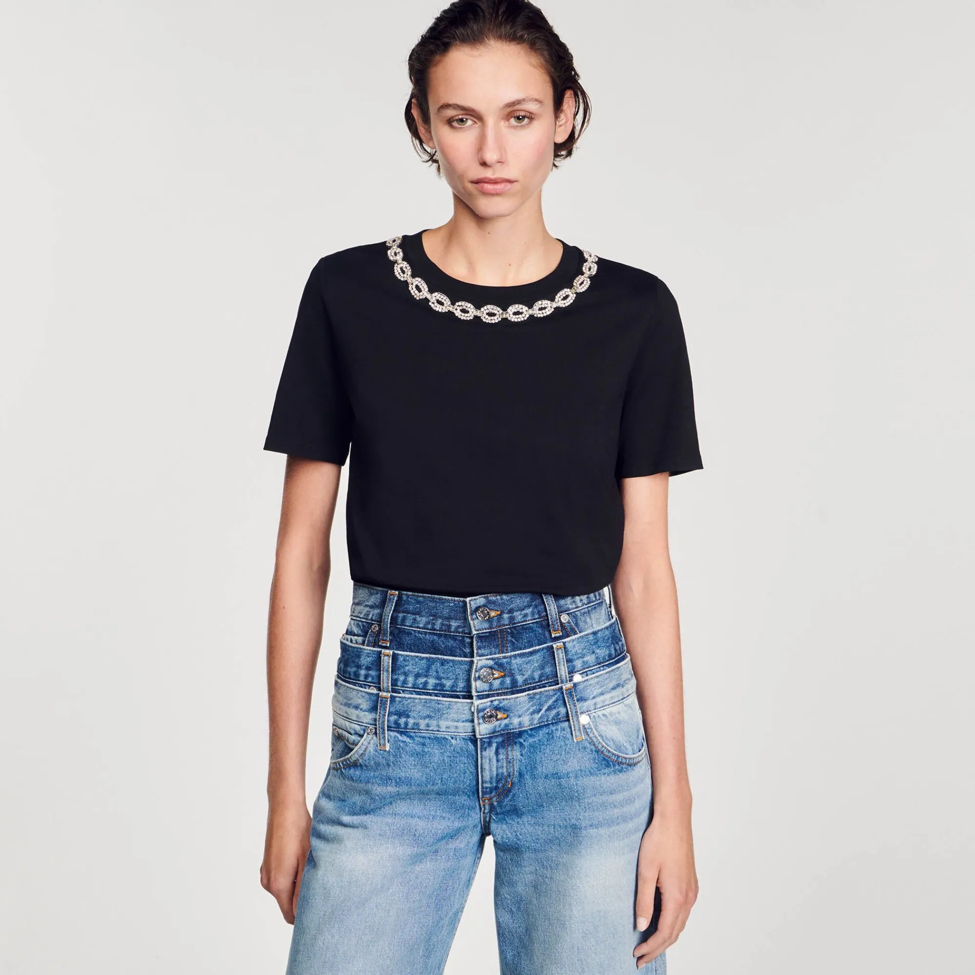 Mulheres Sandro Paris Camiseta De Algodao Organico, Gola Joia