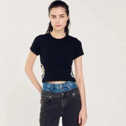 Mulheres Sandro Paris Camiseta Decorada Com Diamantes