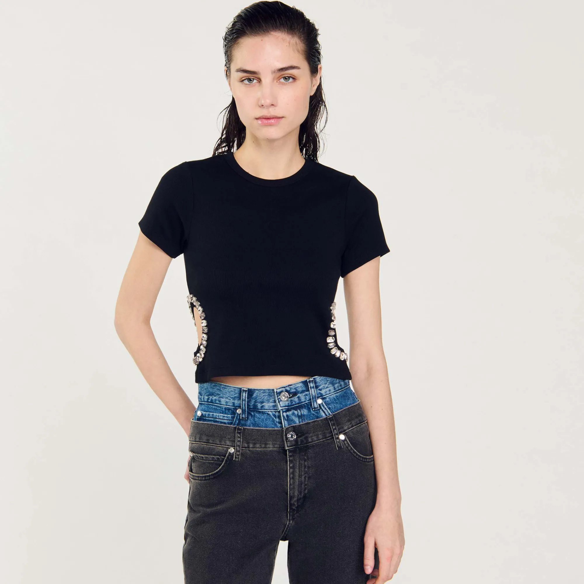 Mulheres Sandro Paris Camiseta Decorada Com Diamantes