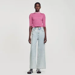 Mulheres Sandro Paris Camiseta Estampada Franzida