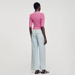 Mulheres Sandro Paris Camiseta Estampada Franzida