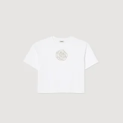 Mulheres Sandro Paris Camiseta Rosa Com Strass