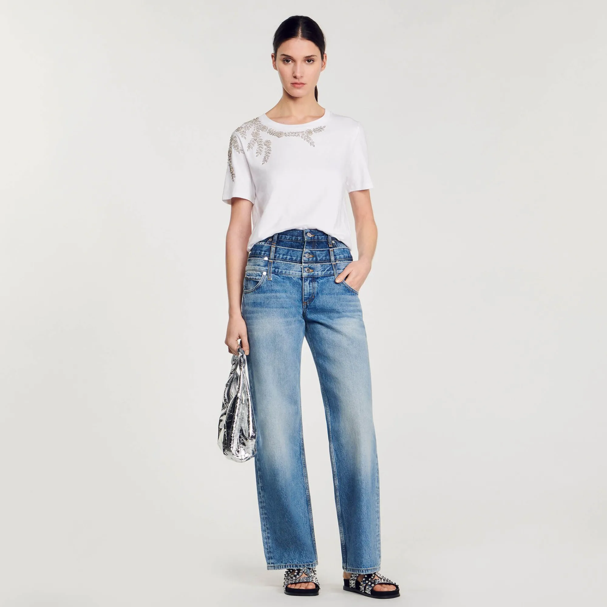 Mulheres Sandro Paris Camiseta Sublimada Com Strass