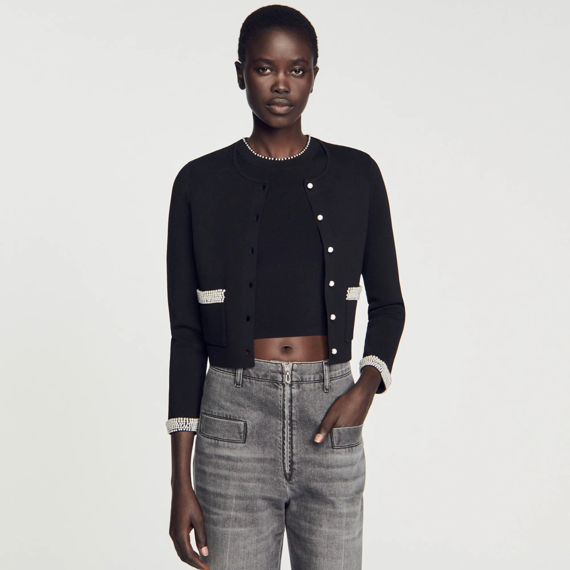 Mulheres Sandro Paris Cardigan Embelezado Com Pedra