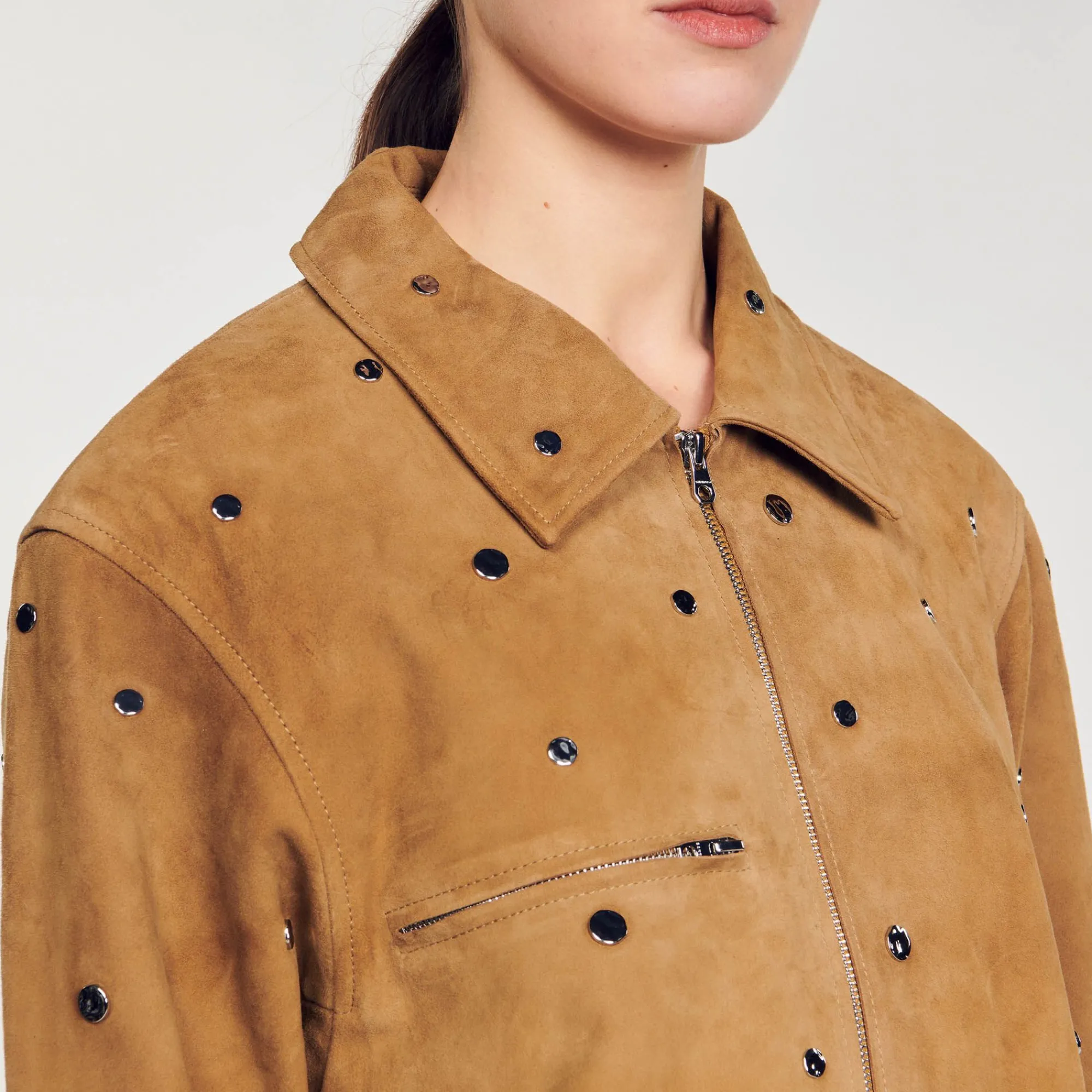 Mulheres Sandro Paris Jaqueta De Camurca Decorada Com Tachas