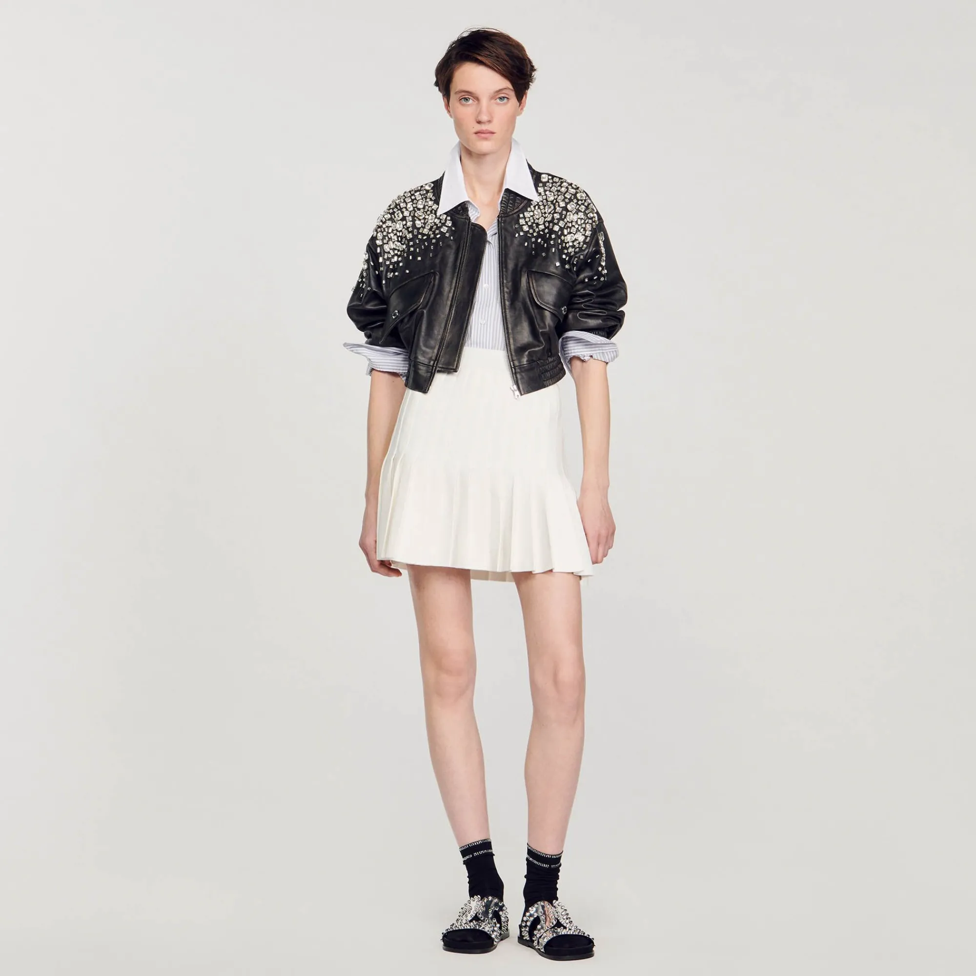 Mulheres Sandro Paris Jaqueta De Couro Com Cristais