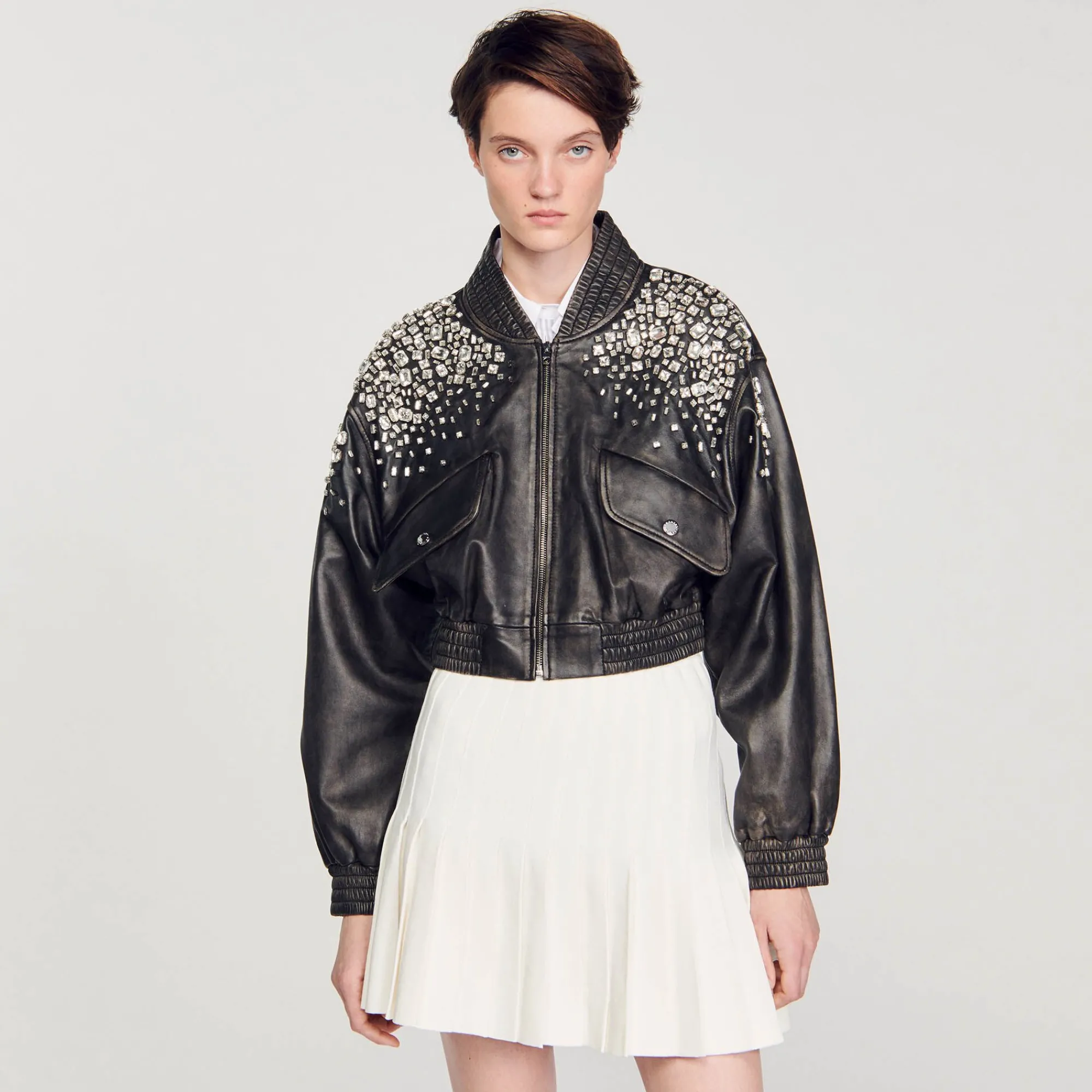 Mulheres Sandro Paris Jaqueta De Couro Com Cristais