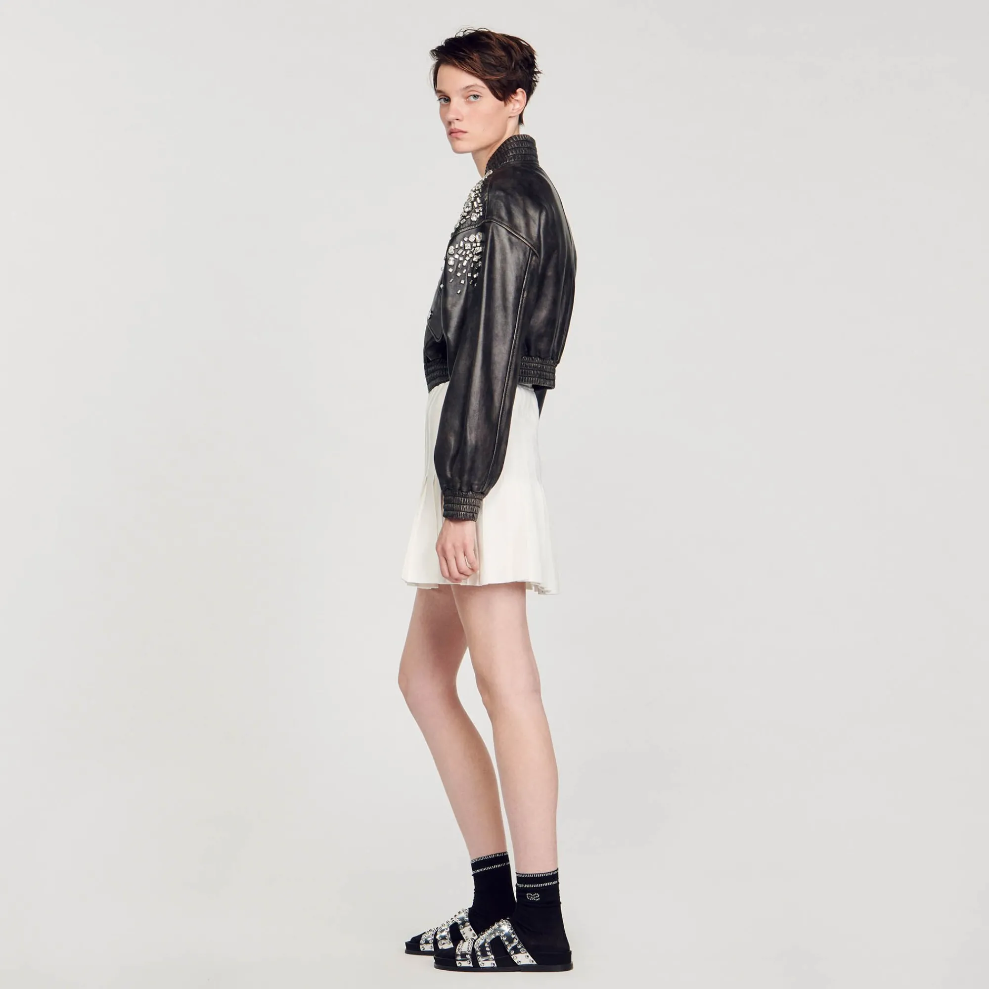 Mulheres Sandro Paris Jaqueta De Couro Com Cristais