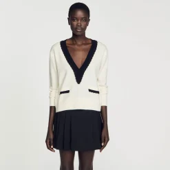 Mulheres Sandro Paris Sueter Bicolor Com Decote Em V