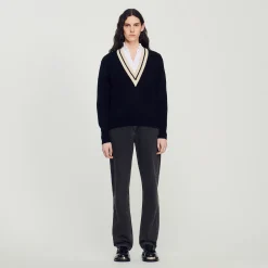 Mulheres Sandro Paris Sueter Contrastante Com Decote Em V