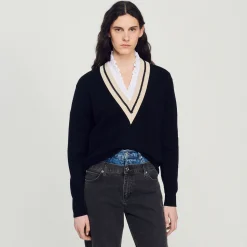 Mulheres Sandro Paris Sueter Contrastante Com Decote Em V