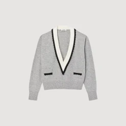 Mulheres Sandro Paris Sueter Contrastante Com Decote Em V