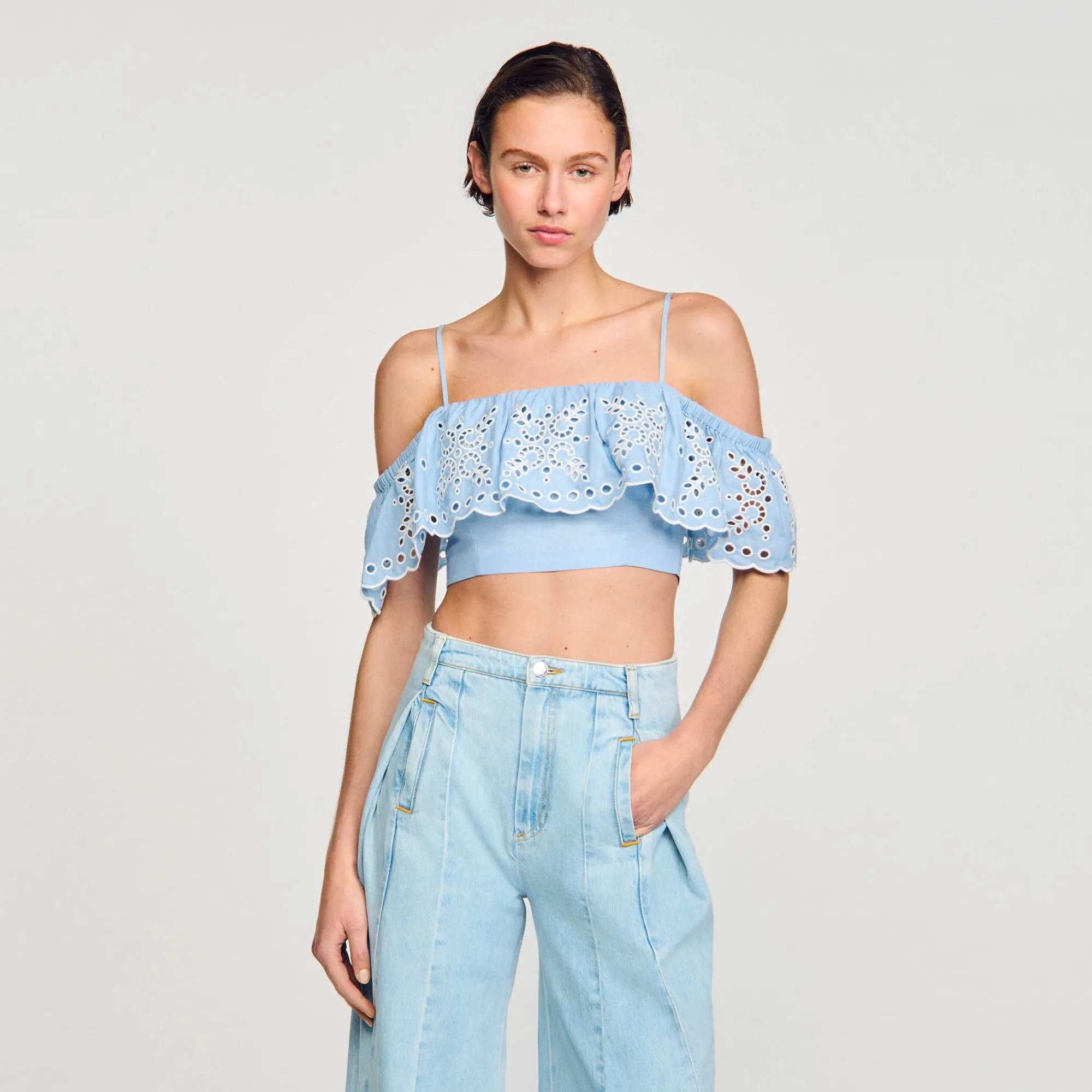 Mulheres Sandro Paris Top Cropped Com Babado