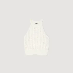 Mulheres Sandro Paris Top De Malha Decorado Com Perolas