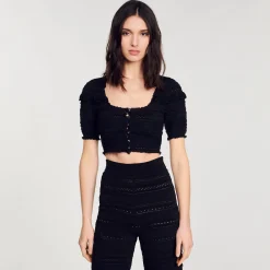 Mulheres Sandro Paris Top De Malha Recortada