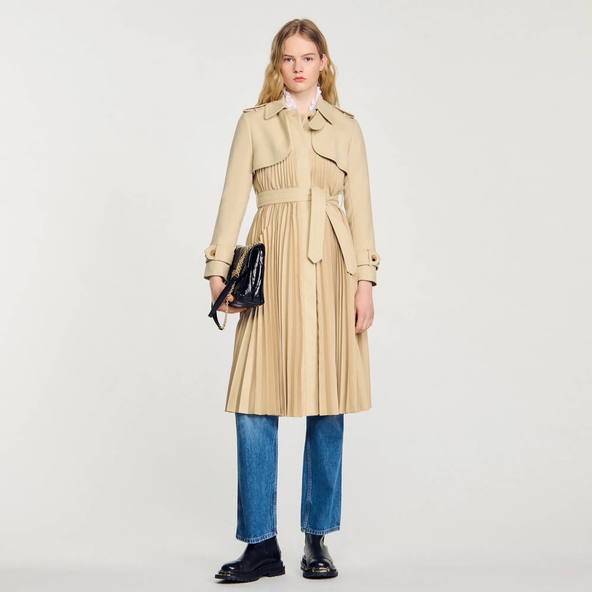 Mulheres Sandro Paris Trench Coat Plissado Com Cinto