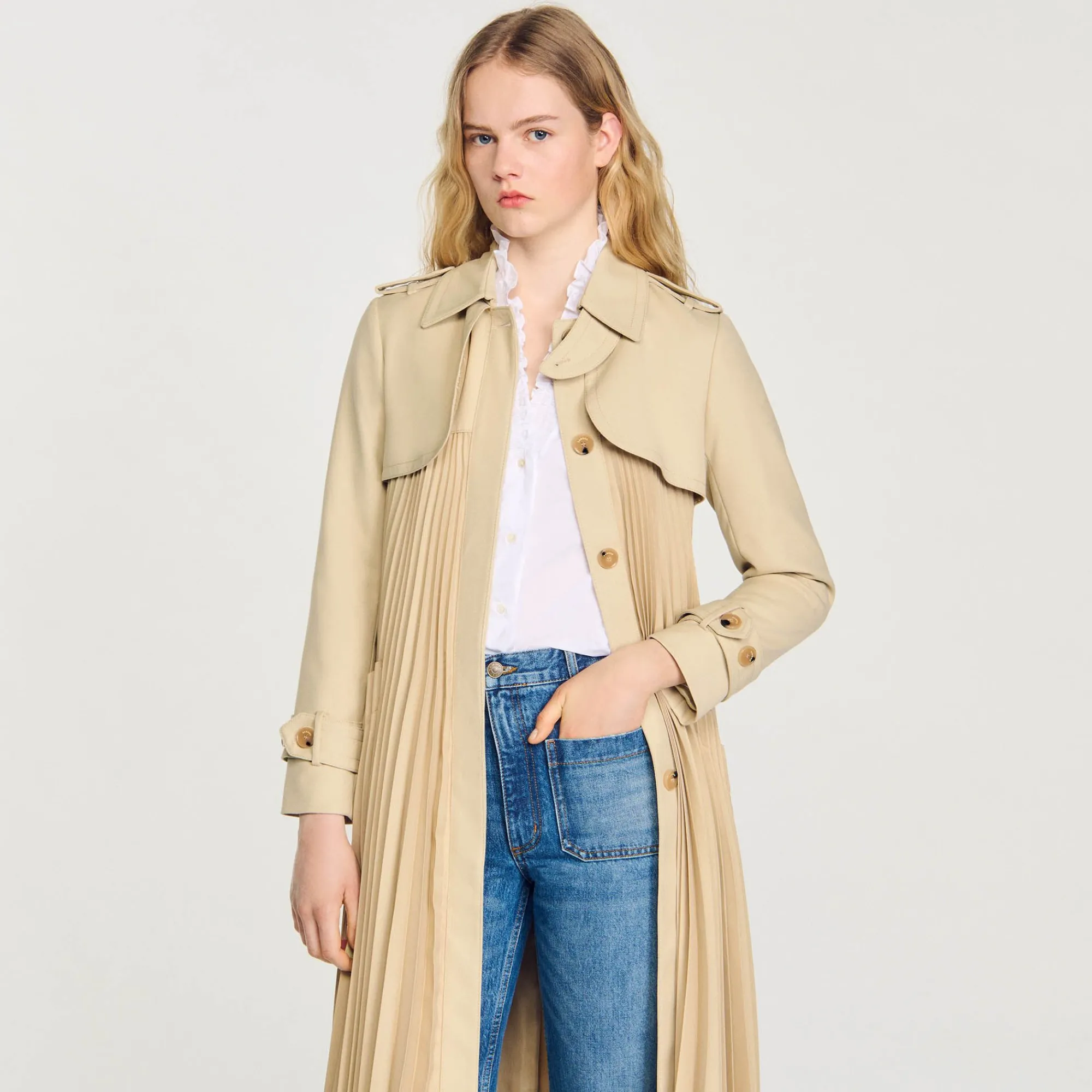 Mulheres Sandro Paris Trench Coat Plissado Com Cinto