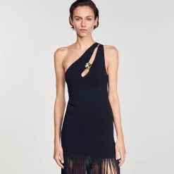 Mulheres Sandro Paris Vestido Assimetrico Com Franjas