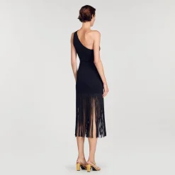 Mulheres Sandro Paris Vestido Assimetrico Com Franjas