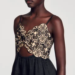 Mulheres Sandro Paris Vestido Bordado Em Dois Tons