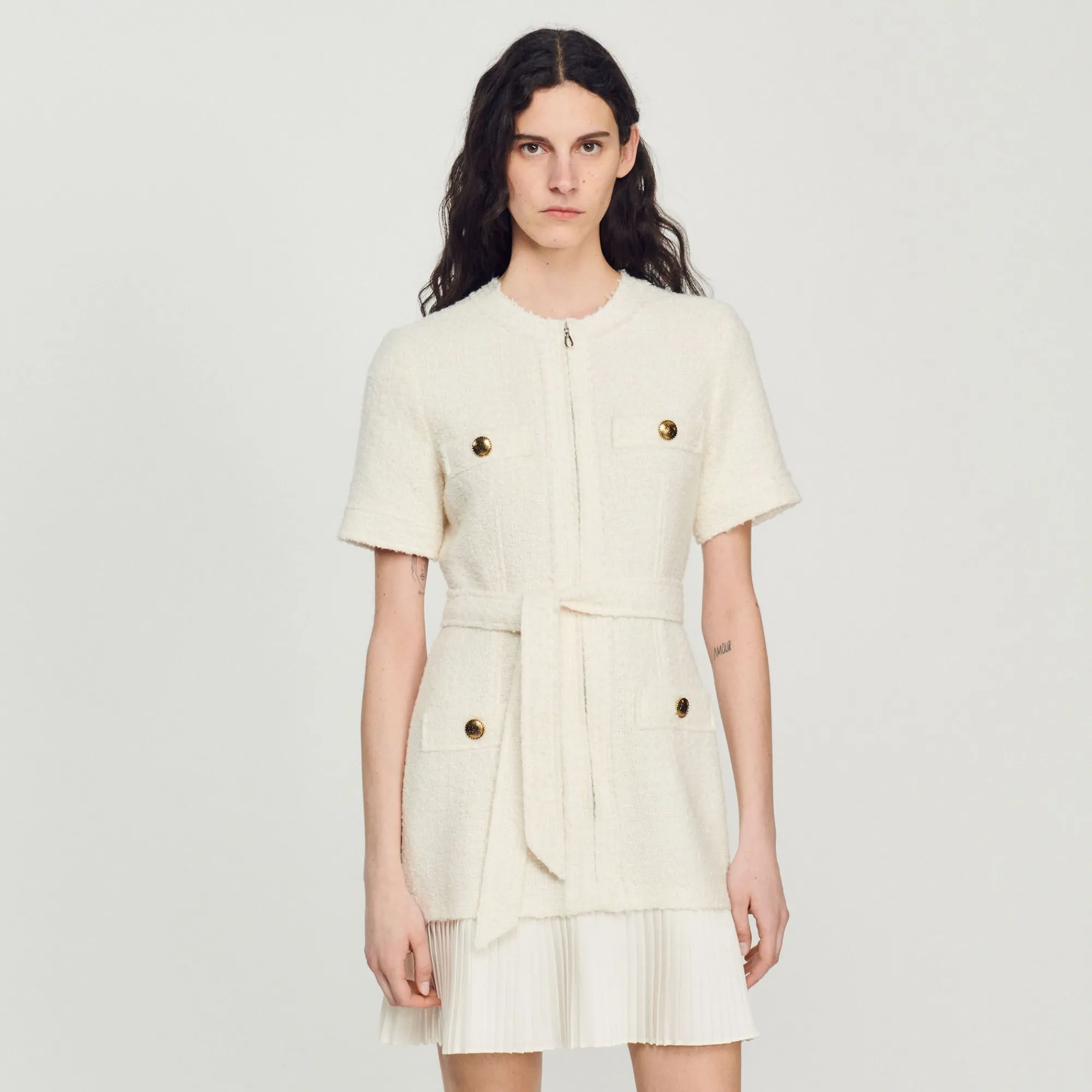 Mulheres Sandro Paris Vestido Casaco De La Com Efeito Tweed