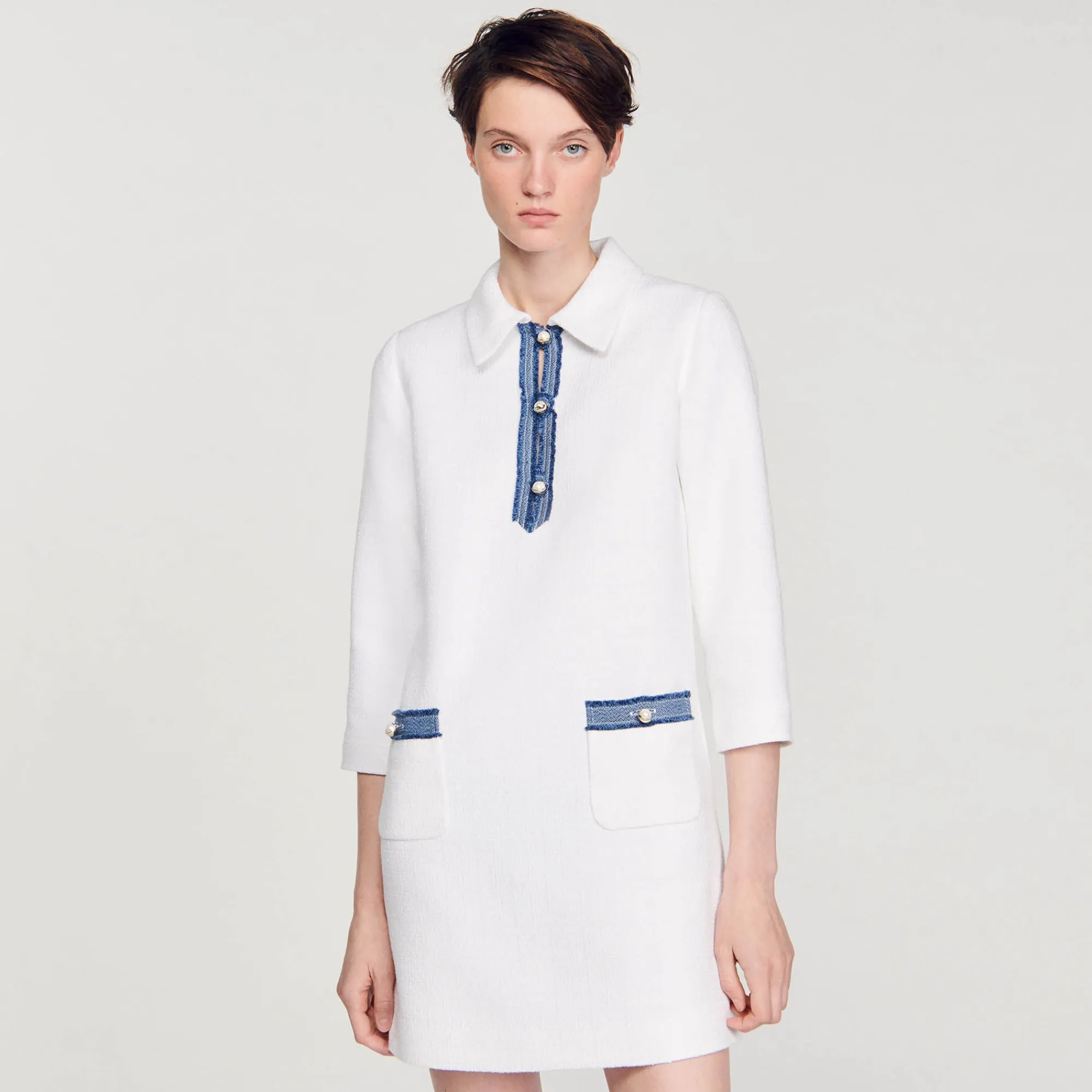 Mulheres Sandro Paris Vestido Curto De Tweed Manga Longa